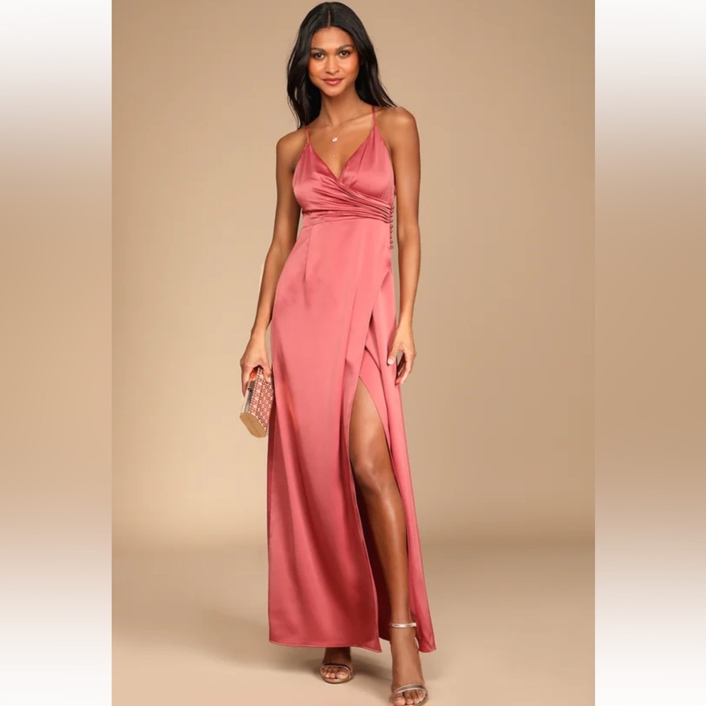 Lulu’s Outstanding Elegance Deep Rose Satin Surplice Maxi Dress